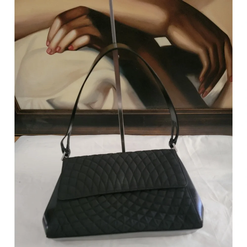 Bally Blk Quilt Nylon Leather Trim‎ Shoulder Bag Silver Hardware Handbag vintage